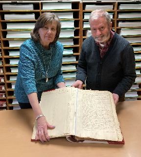 Donna Briggs and Ned Irwin with Deed Book A Part 2