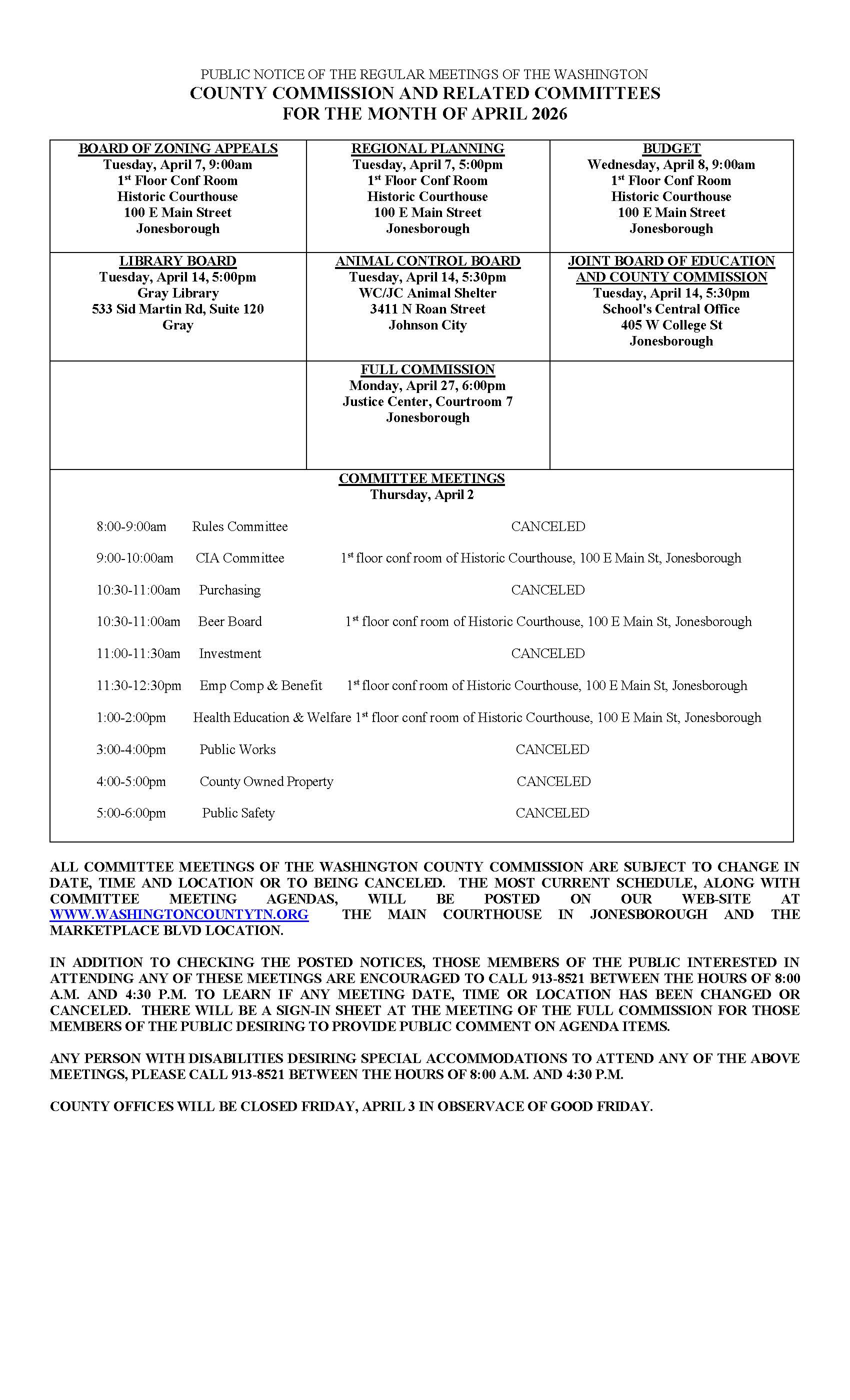 PUBLIC NOTICE OF MTGS 2026 APRIL